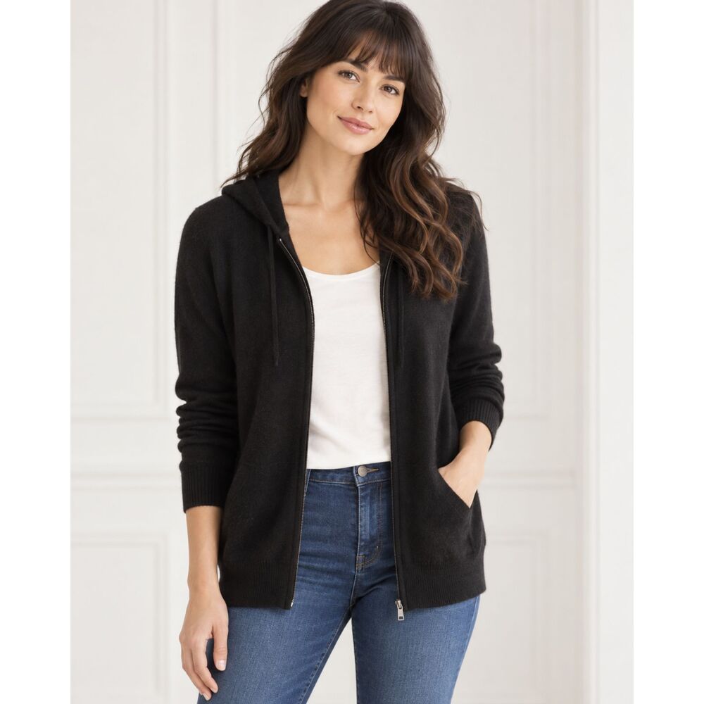 Charter Club Luxury 100% Cashmere Zip-Up Hooded Cardigan Black M Women’s